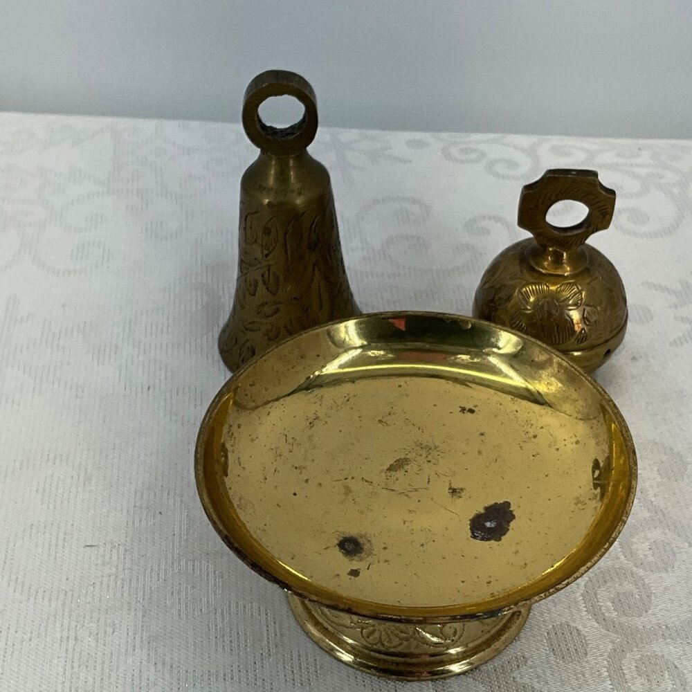 Brass Candle Holder and Two‎ Brass Bells with etching